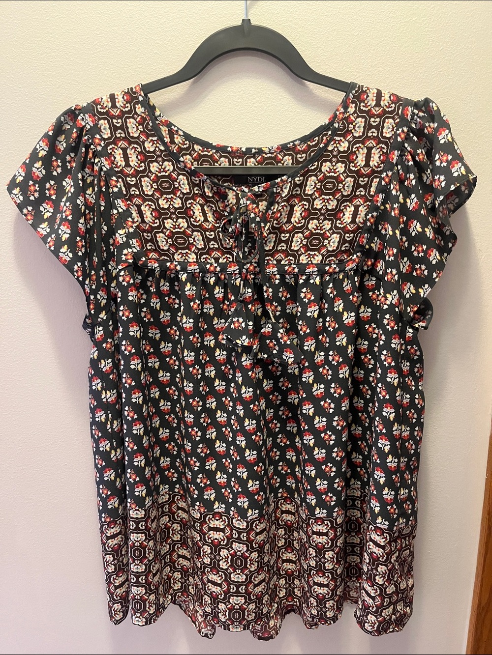 NYDJ Dark Gray Floral Mix-Print Peasant Blouse